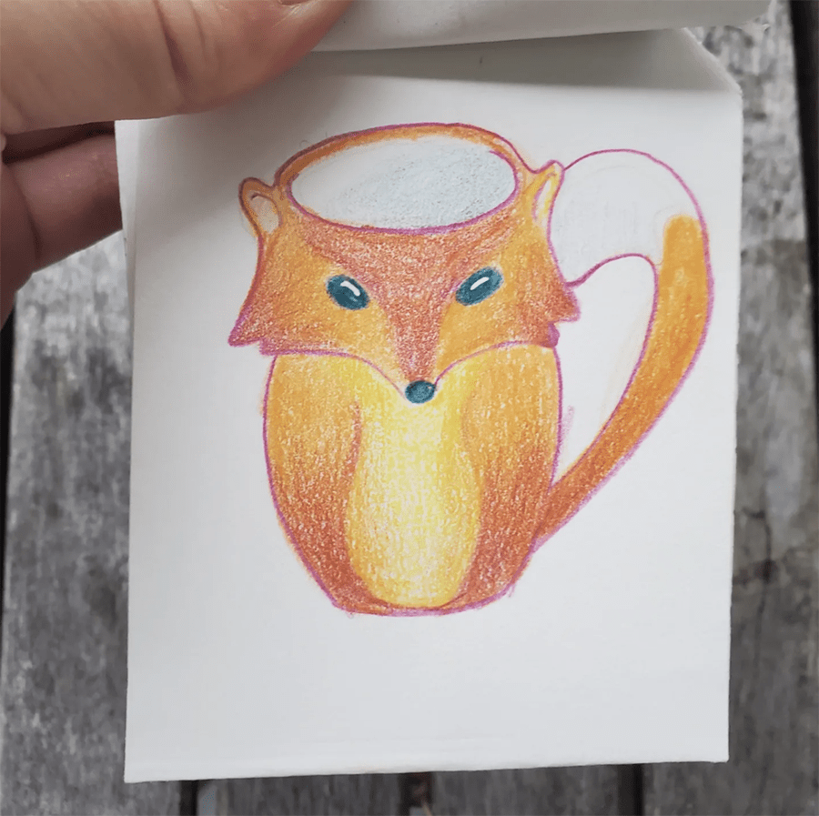 The third page of the small booklet. It shows a drawing of a mug that is shaped to look like a fox.
