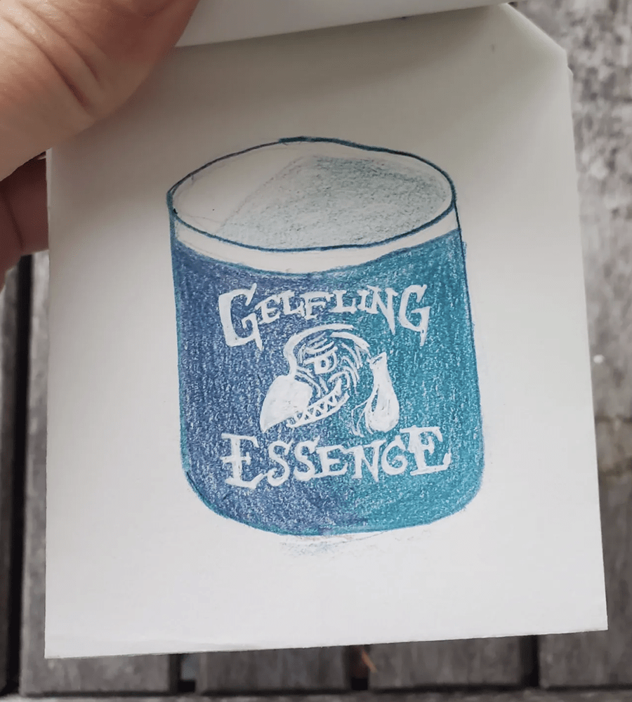 The fourth page of the small booklet. It shows a drawing of a mug with a skekis from the Dark Crystal on it, with text that reads "Gelfling Essence".