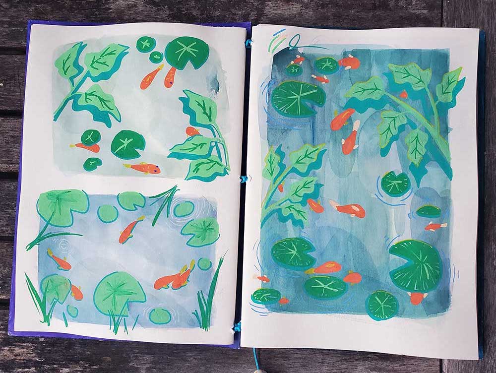 Illustrations that give a top-down view of ponds. The ponds have goldfish and lily pads. 