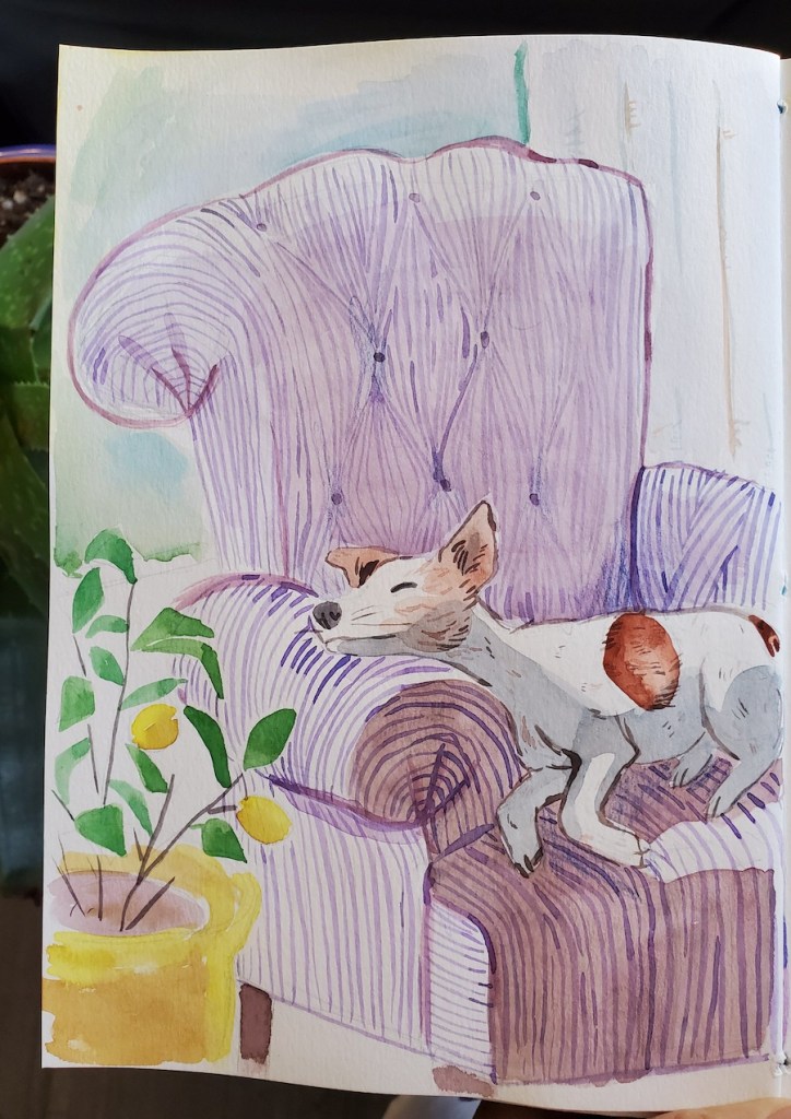 A watercolour painting of a small white dog with brown spots sleeping on a chair. Her head rests on the armrest and her expression looks blissfully at peace. Next to the chair is a small potted lemon tree.