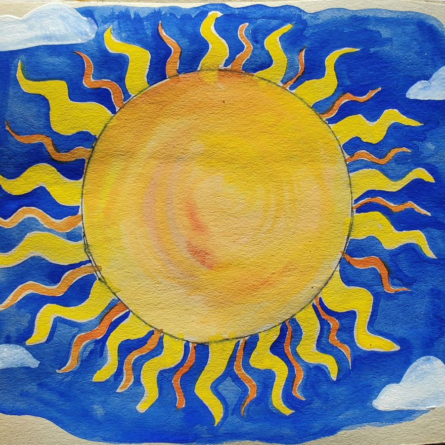 A big yellow and orange sun fills the sketchbook page.