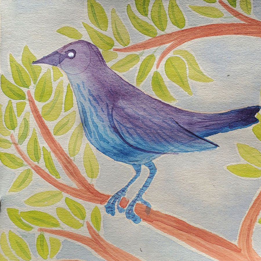 Watercolour painting of a blue and purple bird sitting on on a branch.