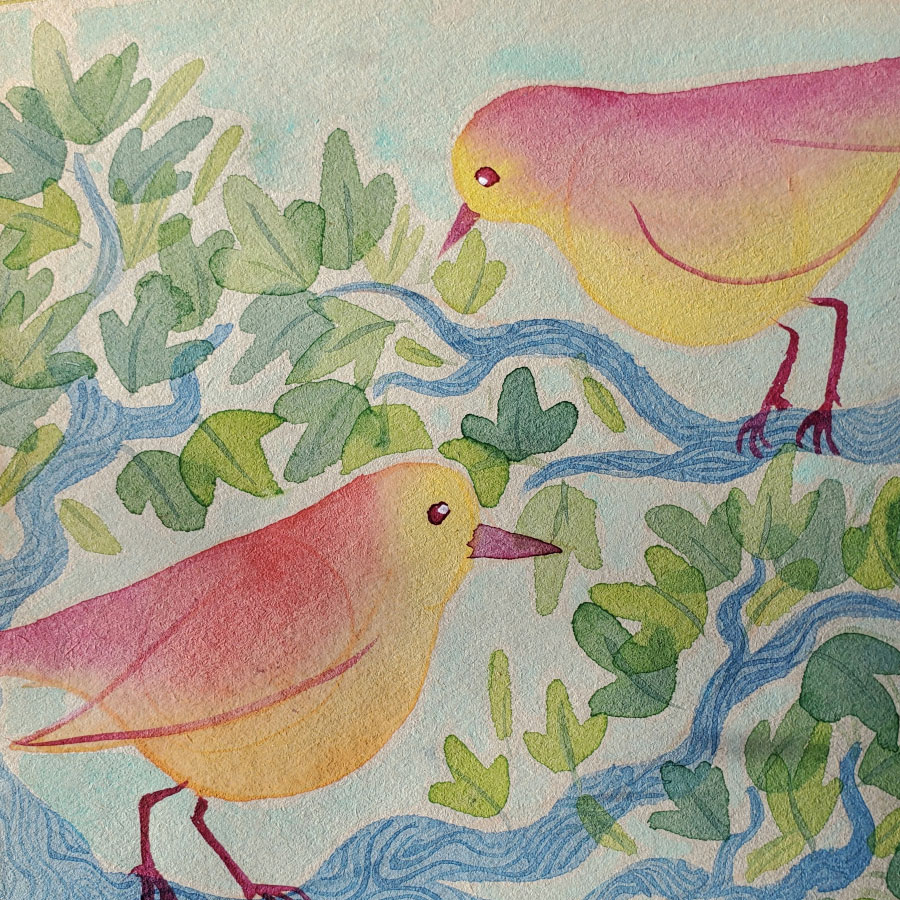 Watercolour painting of two pink and yellow birds sitting on blue tree branches.