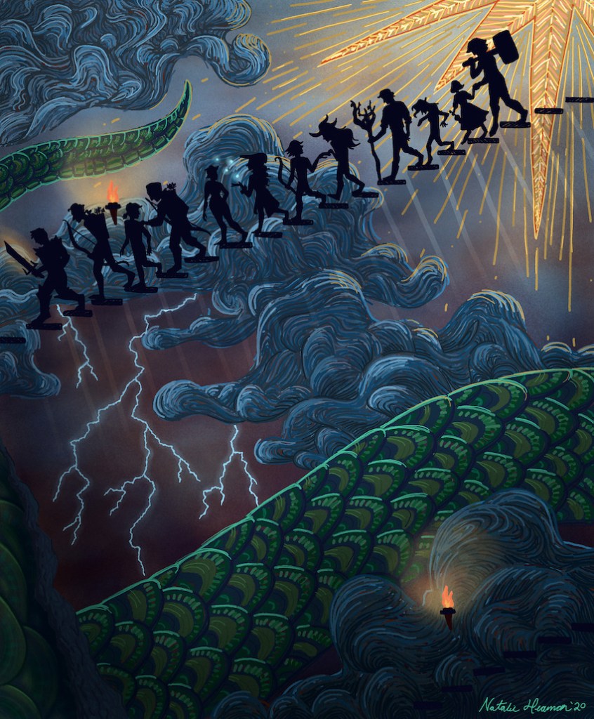Illustration that shows silhouettes of 10 Dungeons and Dragon character descending a staircase. One the wall around them is a fresco showing clouds, thunder, and a giant snake. In the lower left corner of the illustration you can see there is a hole in the wall, revealing some very large scales..