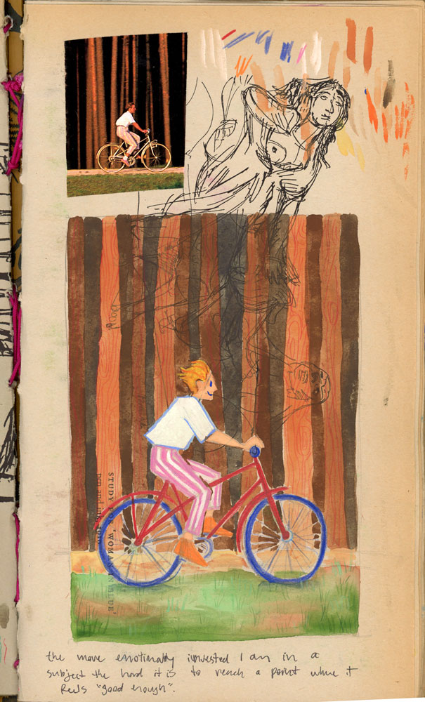 A sketchbook page shows a young person riding on a bike, with trees behind them. It is based on an image that has been cut out of a magazine and glued onto the page above the painting.