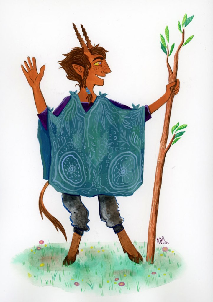 Painting of my dungeons and dragons character, Sparrow. He is looking to the right, smiling and waving. He is a tiefling with narrow upright horns. He wears a blue poncho and holds a quarter staff with leaves growing from it. 