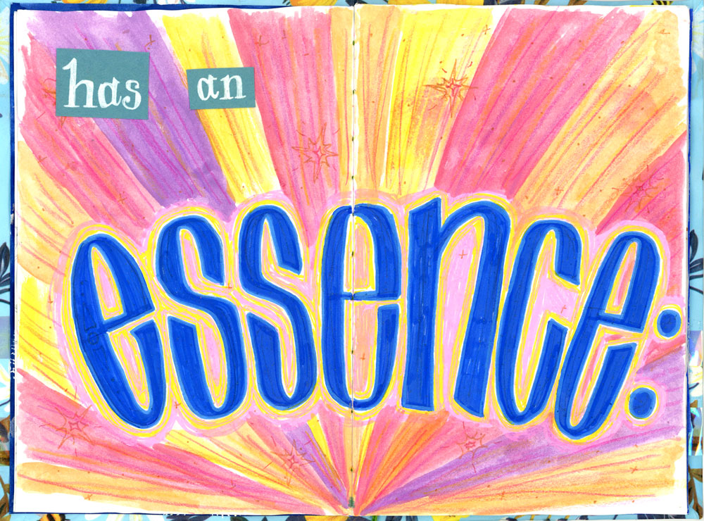 A spread of the book which says: "has and essence" with big, bold swaths of colour behind it. 