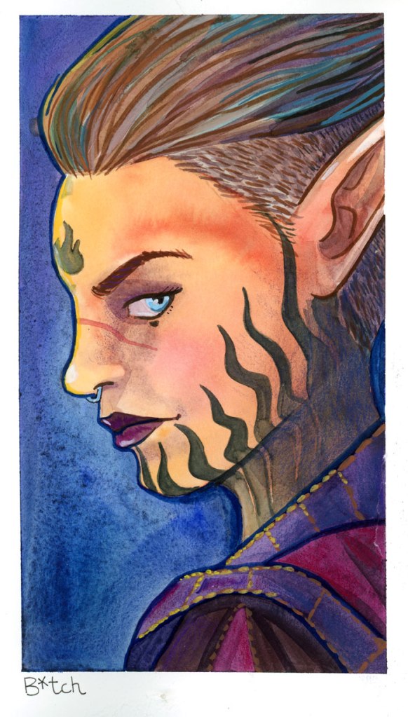 Watercolour and gouache painting of a woman in profile. Her hair is tied back and she looks at you out of the corner of her eye.