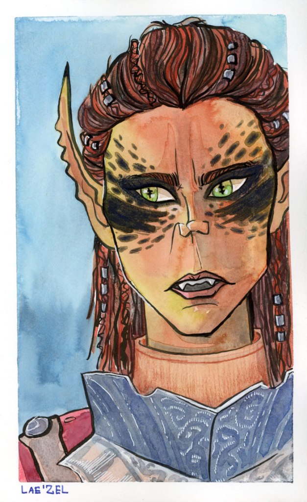 Watercolour illustration of Lae'zel, a character from the videogame Baldur's Gate 3. She is a githyanki with ochre skin and red-ish hair. She looks disapproving.