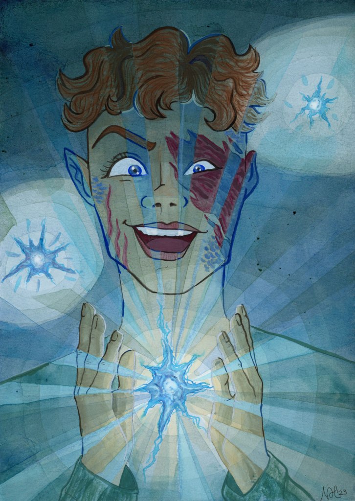 Watercolour and gouache painting of a woman facing the viewer. From her hands motes of light glow and expand. She has a maniacal expression on her face.