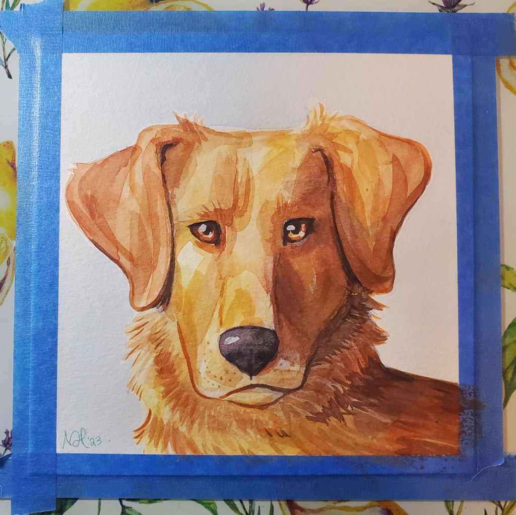 A watercolour portrait of a dog. He faces forward, is is a mix of golden-orange colours. He has floppy ears and short hair. 