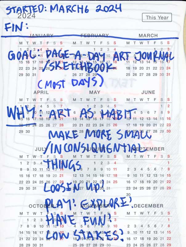 A notebook page that has the following written text: Goal: page-a-day art journal/sketchbook (most days). Why: art as habit, making more small/inconsequential things, loosen up! Play! Explore! Have fun! Low stakes! 