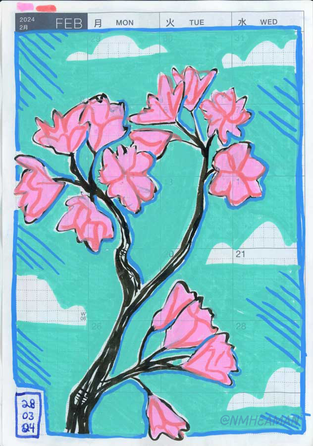 A drawing with Posca paint markers of pink cherry blossoms on a branch with a teal sky background. 

