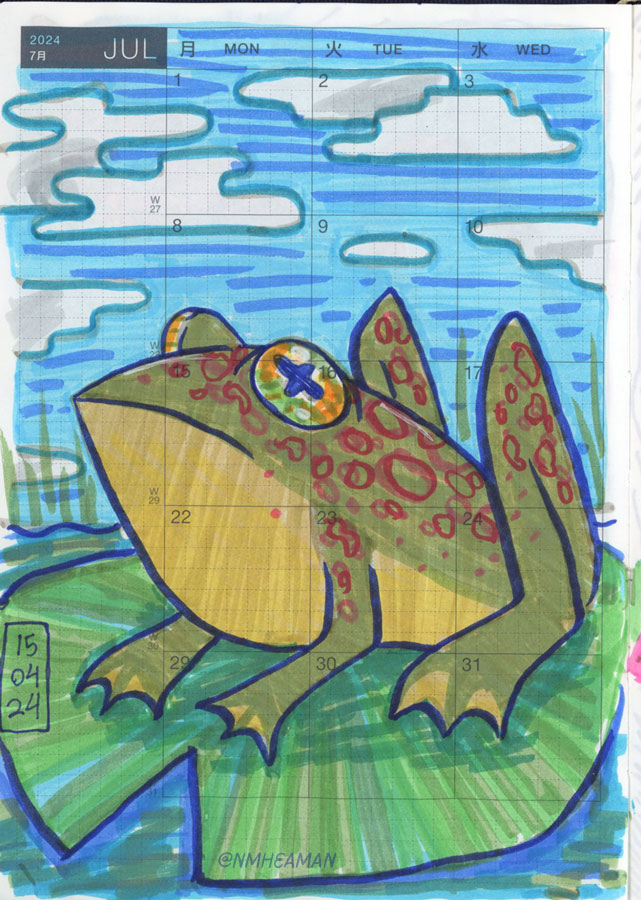 A felt pen drawing of a frog on a lily pad. It is green with brown spots, and behind it is a blue sky. 

