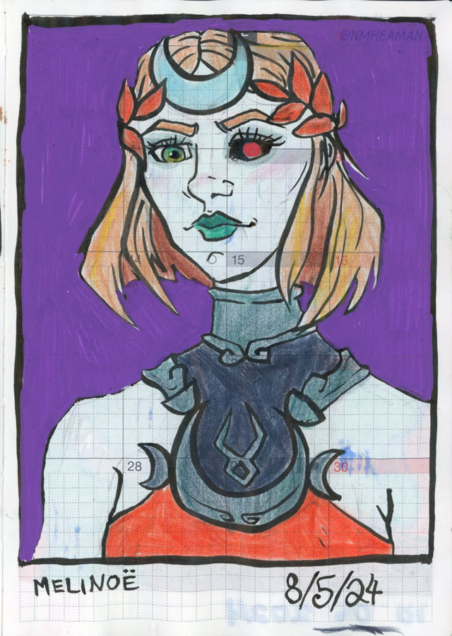 A portrait of the character Melinoe from the video game Hades 2, done in coloured pencils and brush pen. She is seen from shoulders up and looking ahead with determination.
