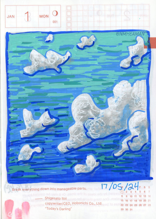 A Posca pen drawing of a blue sky with white fluffy clouds drifting across it. 
