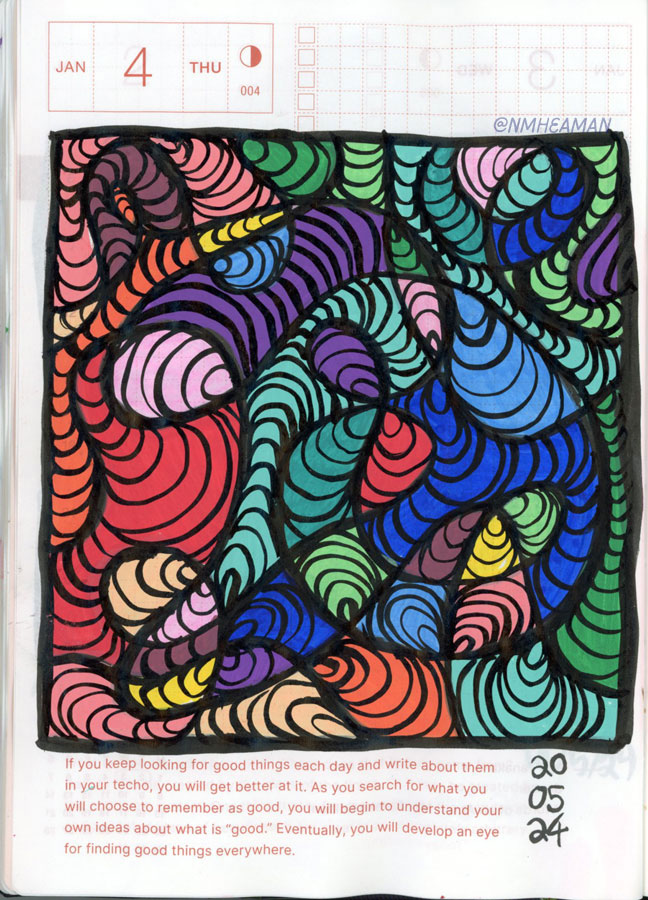 A sketchbook page showing an abstract sketch. Looping lines cross over one another, making many smaller shapes. The shapes are each coloured and have line patterns drawn over-top. 
