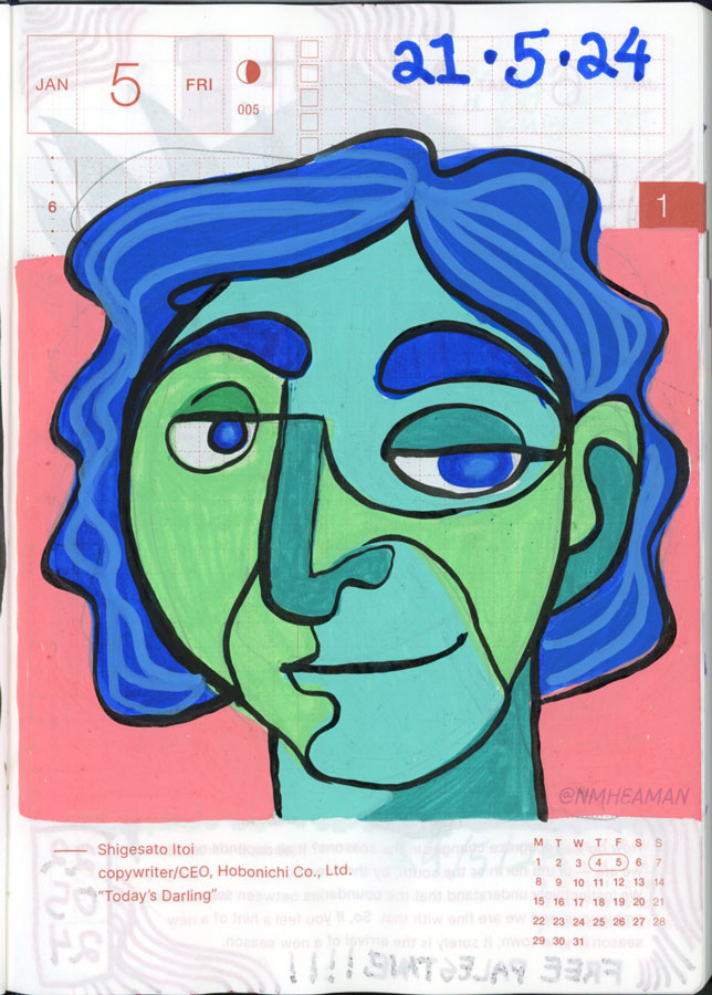 A loose drawing of a somewhat abstract face. The face is divided into different shapes and each is coloured a different shade or green or blue.
