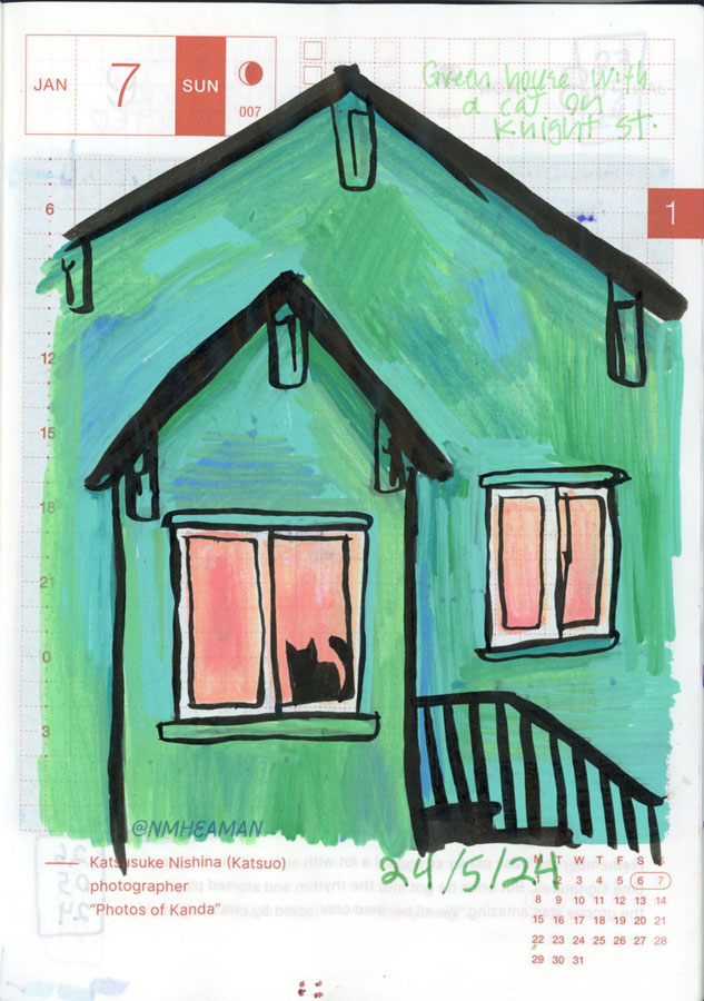 A Posca pen drawing of a green house with the silhouette of a cat sitting in one of the windows. A faint caption reads “green house with a cat on Knight Street”
