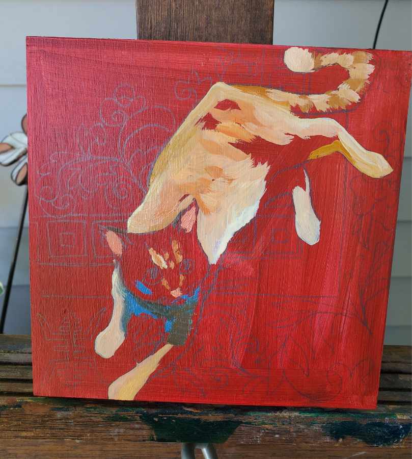 A work-in-progress shot of the painting: most of the red underpainting is visible with some spots of colour. 

