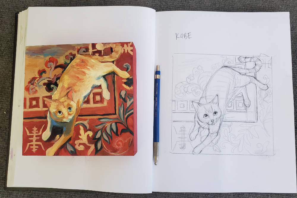 A photo of the work-in-progress painting next to the original pencil sketch. 
