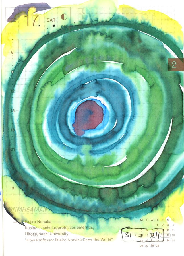 Layers of watercolour circles blend on the paper. This sketch was done using very wet paints to create interest bleeds where the colours meed. It is abstract and doesn’t represent anything in particular. 
