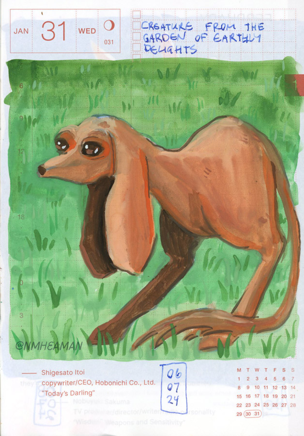 A sketchbook page that is painted in gouache, showing a strange creature that looks part dog and part kangaroo. It has long droopy ears, big eyes, only two legs, and a long tail. Text on the page reads “Creature from the Garden of Earthly Delights”
