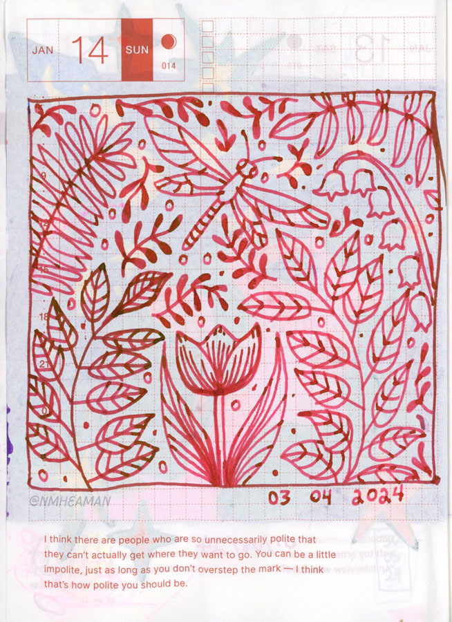 A drawing in red ink of flatten, stylized flowers, leaves, and a dragon fly. 
