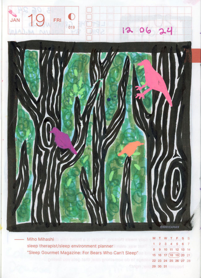 An ink drawing that shows tree with birds. The tree trunks and branches are all in black ink, while the bids are neon colours. The negative space is filled with greens and swirls. 
