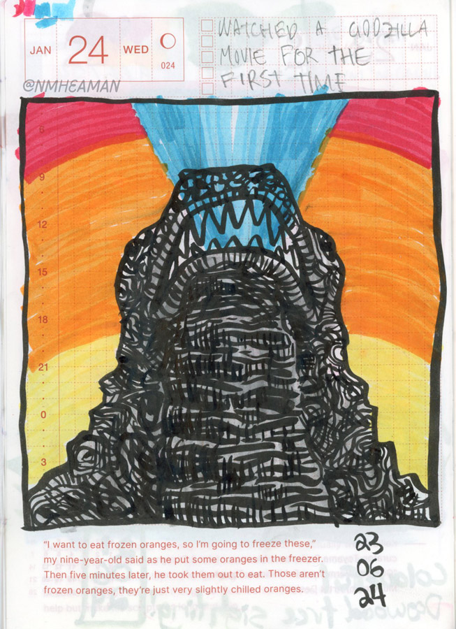 An ink drawing of Godzilla shooting a laser from her mouth. A caption reads: “watched a Godzilla movie for the fist time.”