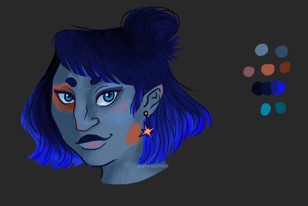 Another digital drawing of the same character, this time with a more muted-blue skin tone. 