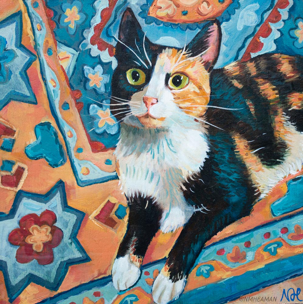 An oil painting of Monday the cat. She sits on a colourful patterned rug. She is a short-haired cat, and a mix of white, black, and orange tabby colouring. Her bright eyes give her a curious expression. 
