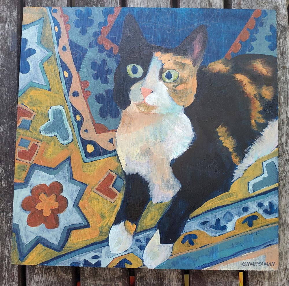 A photo of the in-progress oil painting: almost all of the panel has a first layer of paint down. The colours are flat and rough looking. 
