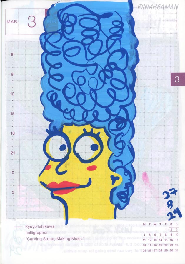 A loose drawing of Marge Simpson, done in Posca acrylic markers. Her hair is full of curly swirls and she is smiling while look off to the right.
