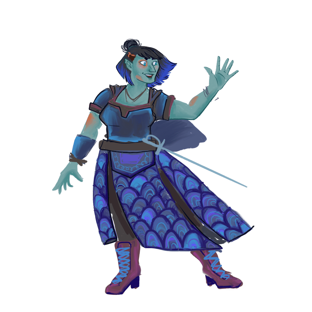 A full-body digital drawing of the same character. She wears layers of patterned skirts, and has a rapier. She is smiling and waving at someone in the distance. 
