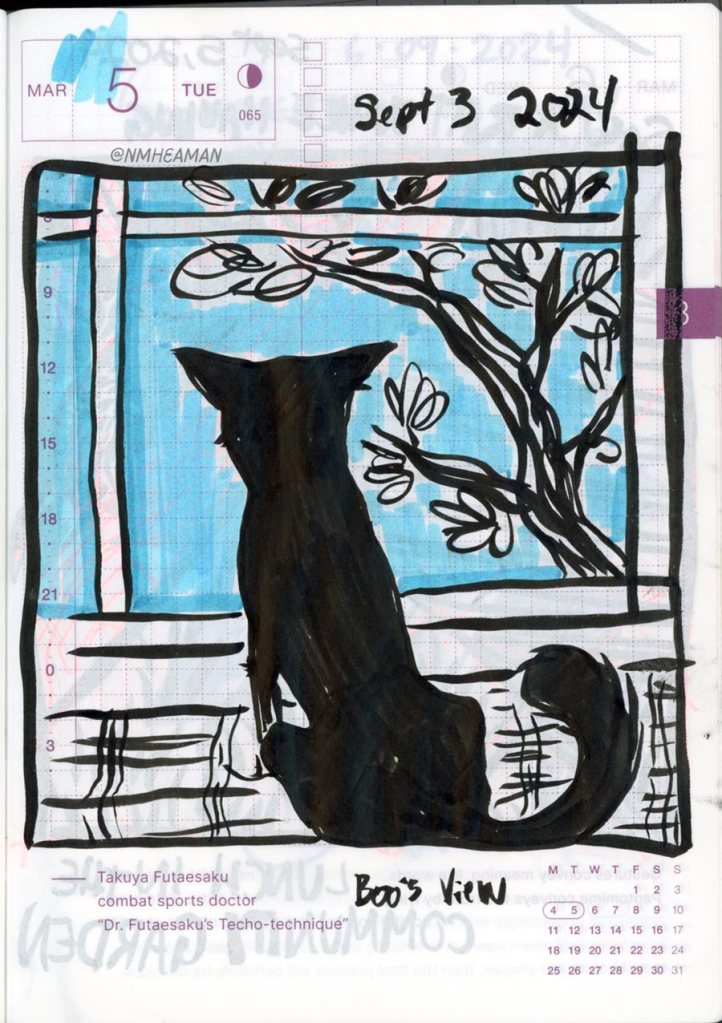 A brush-pen drawing of a dog looking out a window. You see the dogs back, silhouetted against the window. Outside is a blue sky and tree.
