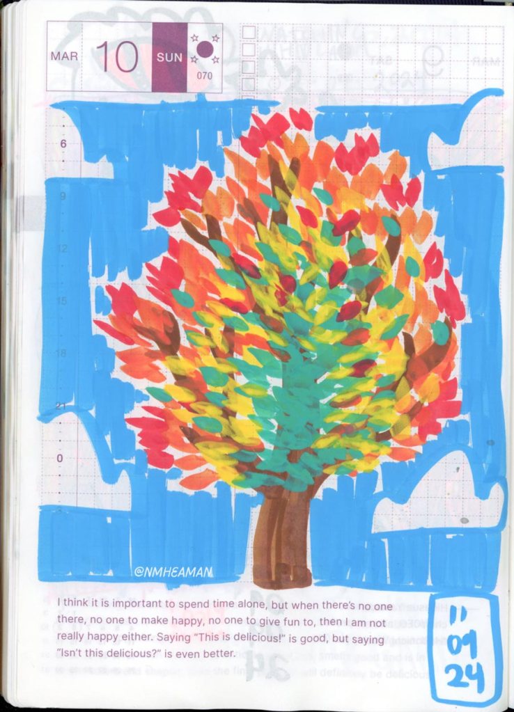 A drawing with acrylic paint markers of a tree, the leaves changing colour from green to orange to red; a sign of autumn. 

