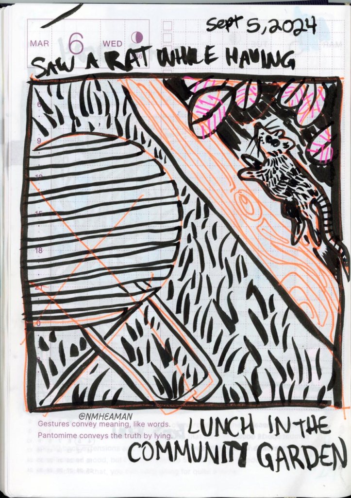 A brush-pen drawing of a small table in a garden. There is a ledge dividing the grass and plants, along it runs a rat. Text reads: “Saw a rat while having lunch in the community garden.”
