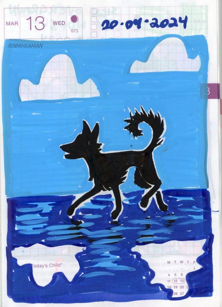 A drawing with acrylic paint markers showing a silhouette of a dog as she walks through low-tide at the beach.
