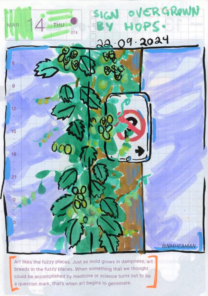 A drawing of a pole with a no parking sign. The pole is covered in overgrown hops, partially covering the sign. 
