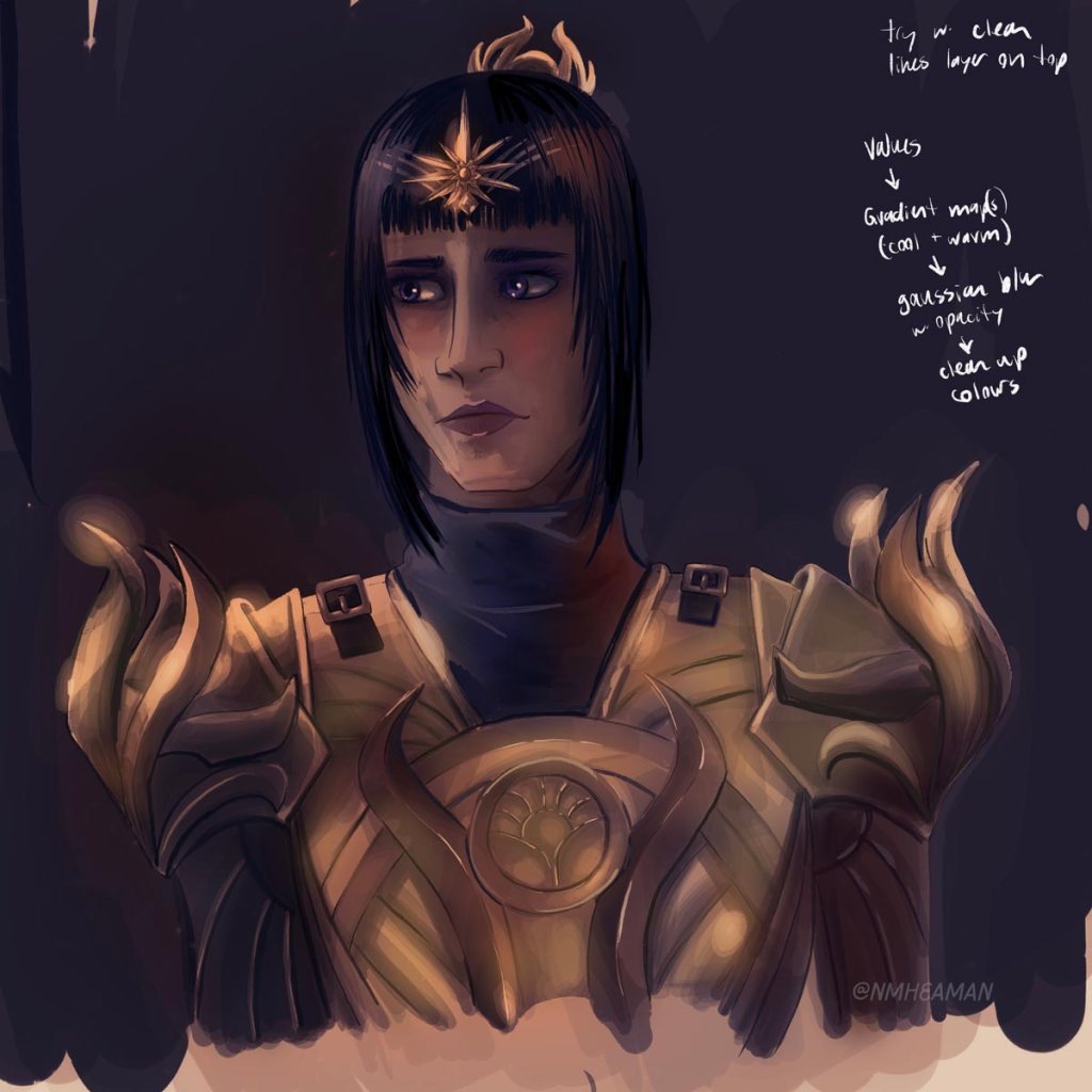 This image is the same drawing of Shadowheart, but with colour applied. On this one the colours are very soft and hazy, as if blurred. 
