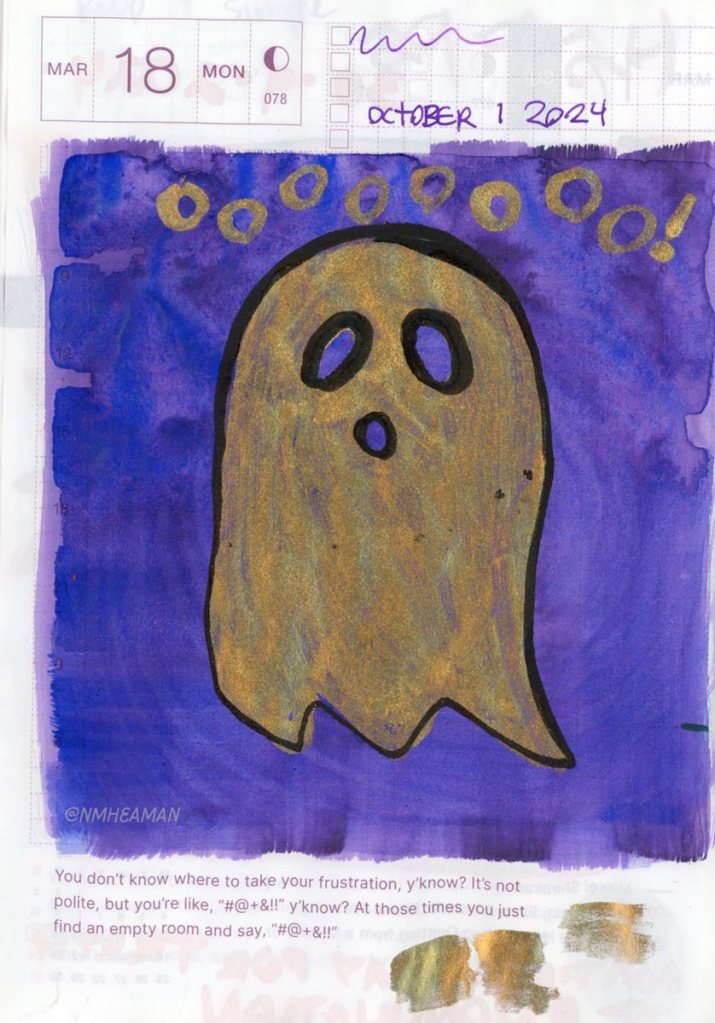 A watercolour painting of a cartoonish golden ghost on a dark background. Above it says "oooooo!"
