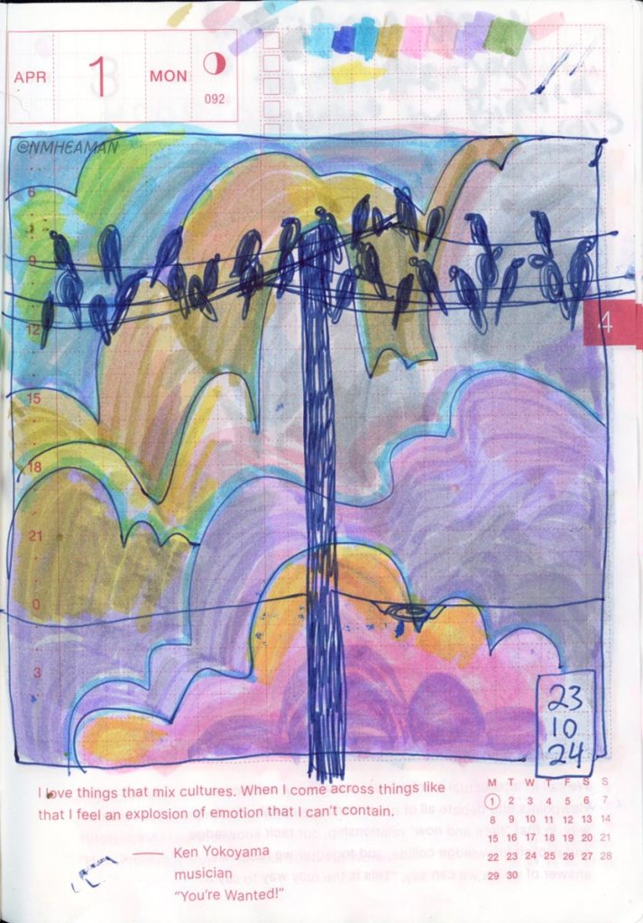 A felt pen drawing of many birds sitting on a telephone wire. Behind them are dramatic clouds in many colours. 