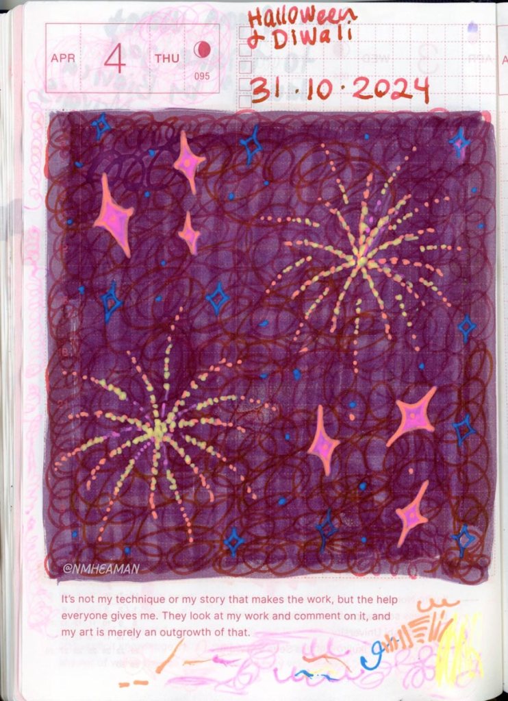 This page has a drawing of fireworks, done in gel pen on an ink background. Written above it is "Halloween and Diwali, October 13, 2024"