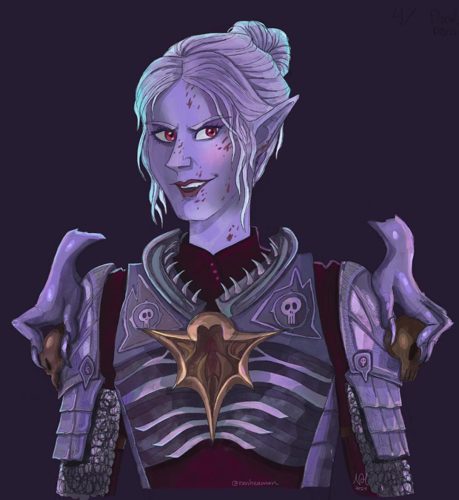 A drawing of the character Minthara from the video game Baldur’s Gate 3. She is an elf woman wearing elaborate armour. She looks off to the side, grinning but brow furrowed, looking like she is enjoying a confrontation. 