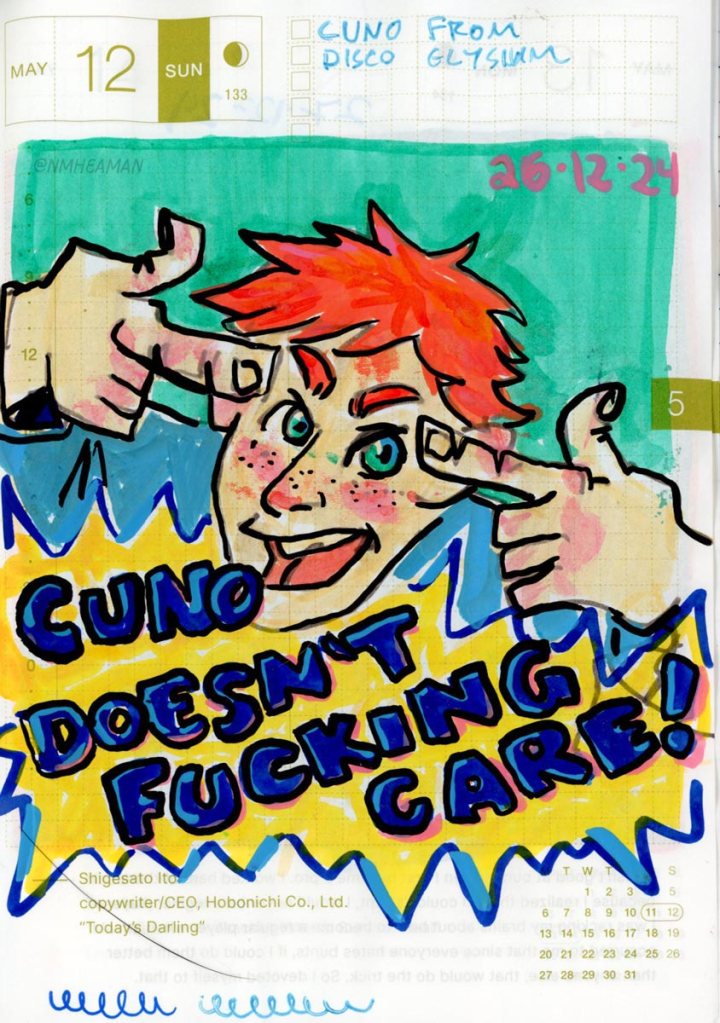 An acrylic pen drawing of Cuno, a character from the video game Disco Elysium. He is a young boy with red hair and freckles. He points to his templates and is saying “Cuno doesn’t fucking care!” which is a tagline of his. 
