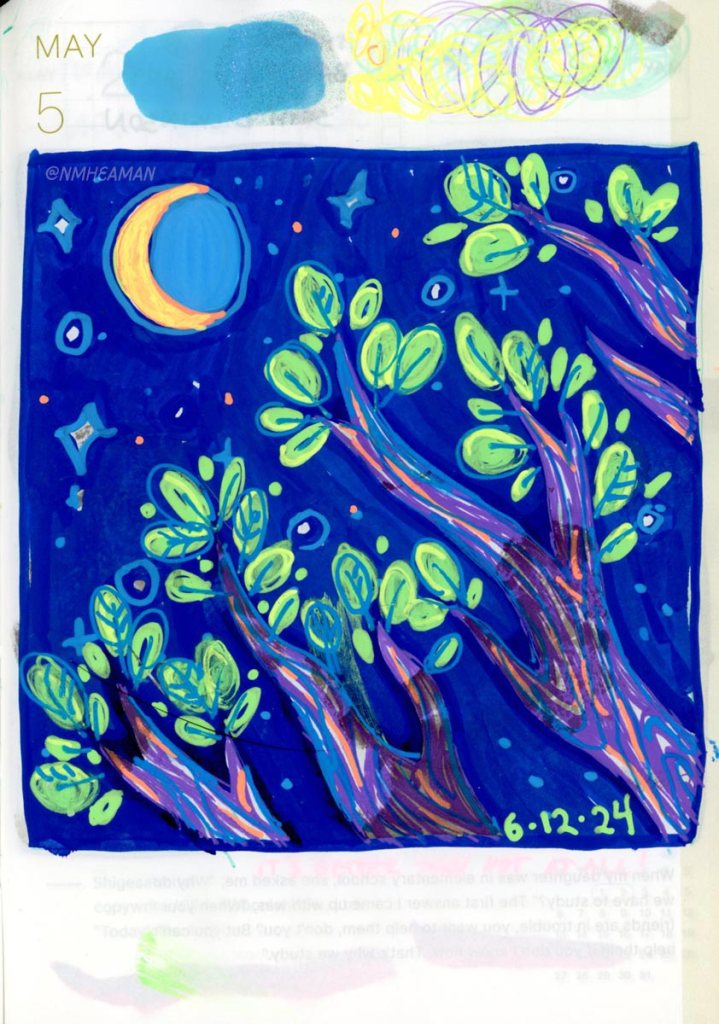 A gel pen and acrylic marker drawing of stylized leafy tree branches again a night sky with stars and a crescent moon. 
