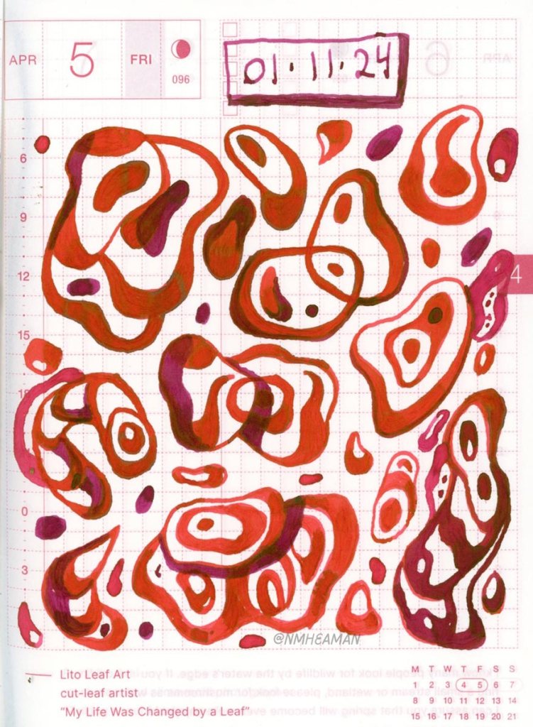 An abstract drawing of round shapes in red ink. There is no specific subject, just flowing doodles.
