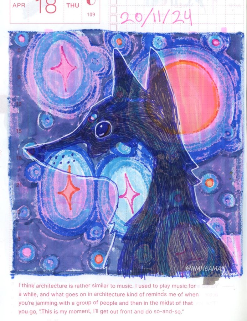 A stylized drawing of a dog in profile. This page has ink bleeding through it from the drawing on the other size, giving this page a colourful, splotchy texture. The dog has alert eyes, and pointy ears, she looks off to the left. 
