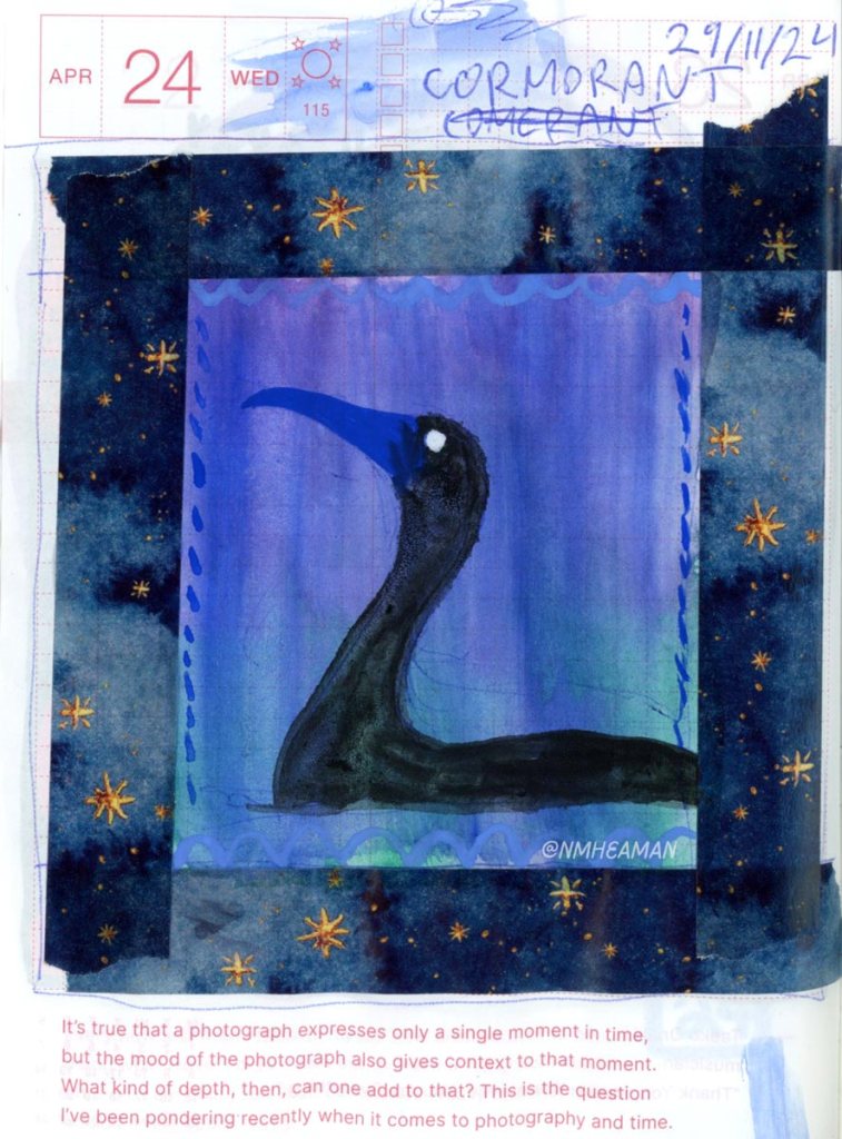 This page has a loose watercolour and gouache painting of a cormorant, a type of sea bird, in water. The border is decorated with washy tape that has a starry night sky printed on it. 
